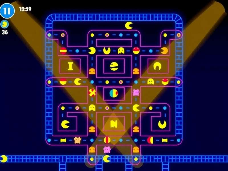 PAC MAN retro arcade game scene with ghosts and dots in a modern stylised illustration