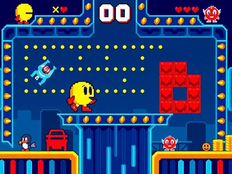PAC MAN arcade gameplay scene with yellow circle and ghosts