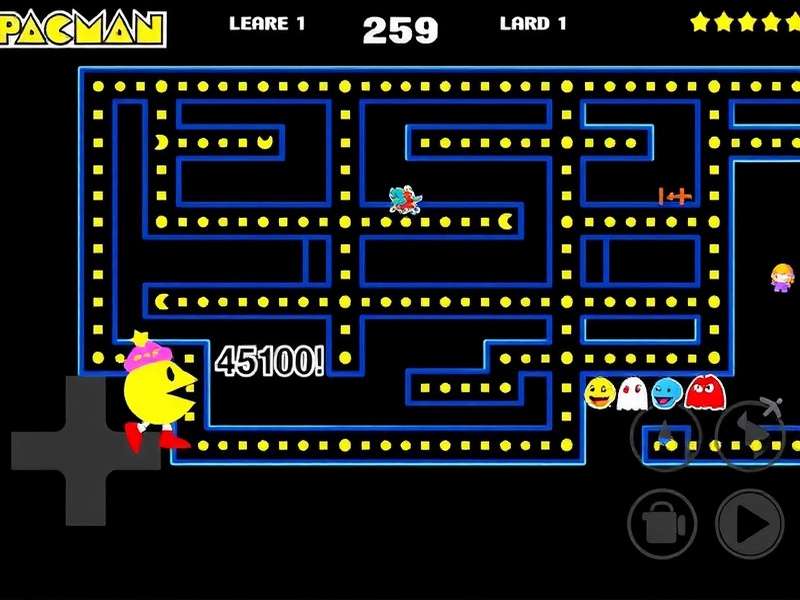 Classic PAC-MAN maze with yellow Pac-Man and four colourful ghosts in pursuit