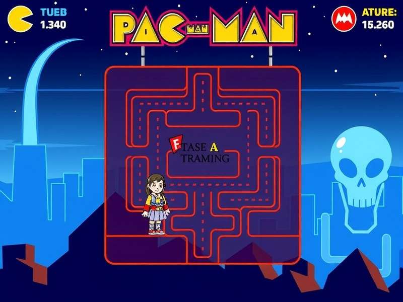 Classic PAC MAN arcade cabinet with yellow Pac-Man character, pellets, and Blinky the red ghost