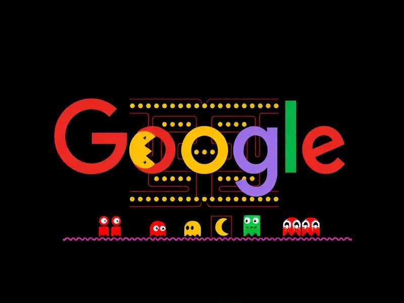 Pac Man Google Doodle tribute artwork featuring Pac-Man, ghosts, and pellets in a retro arcade style