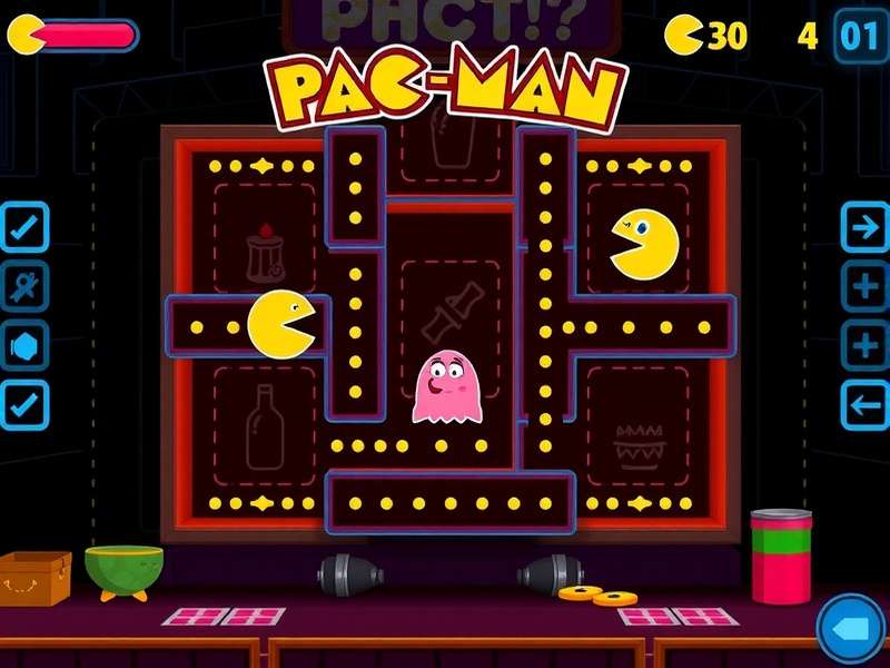 Pacman Online Game hero image showing PAC MAN chasing ghosts in a retro arcade style
