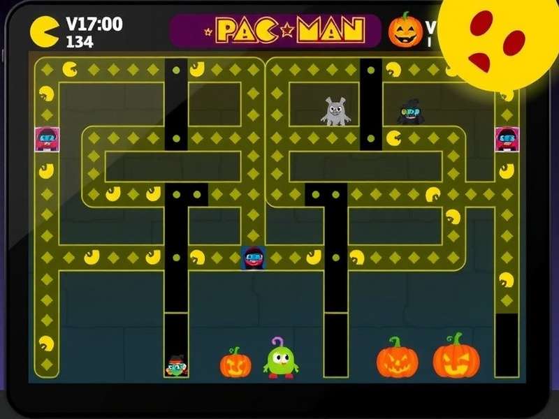 Pac Man Game Google Halloween edition featuring classic yellow Pac-Man and four colorful ghosts on a dark arcade maze