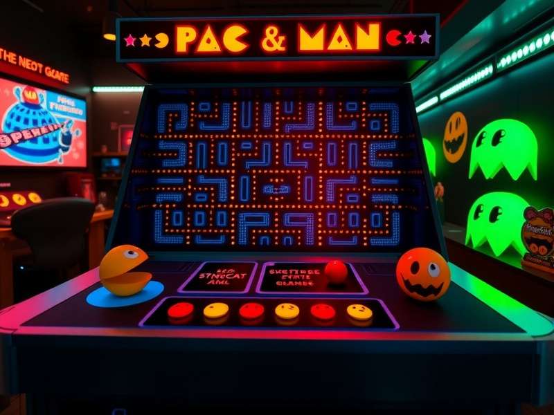 Tabletop Ms Pac Man Game arcade cabinet with classic yellow PAC MAN character on a dark retro background