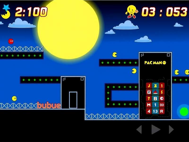 PAC MAN classic arcade maze with yellow character and four colourful ghosts in a vintage maze layout