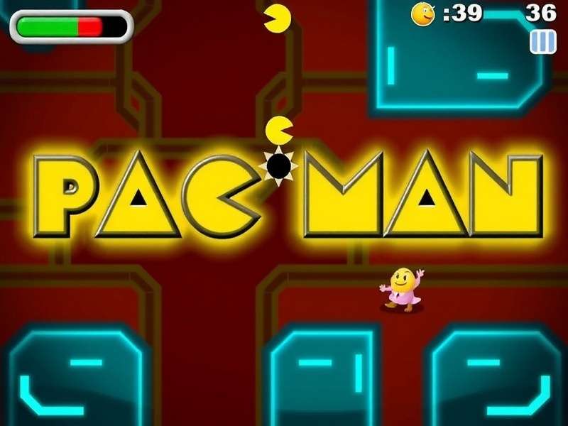 PAC MAN classic arcade game screenshot showing yellow Pac-Man chasing ghosts in a dark maze