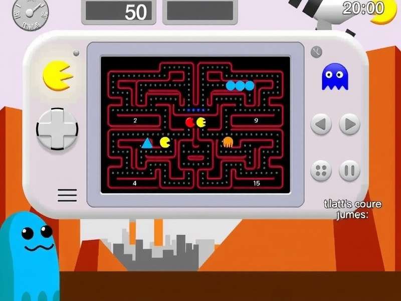 Classic PAC MAN arcade maze with Pac-Man and four ghosts, retro gaming atmosphere