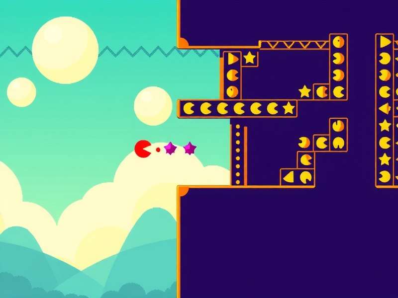 PAC MAN arcade gameplay illustration showing the yellow character chasing dots and ghosts in a classic maze